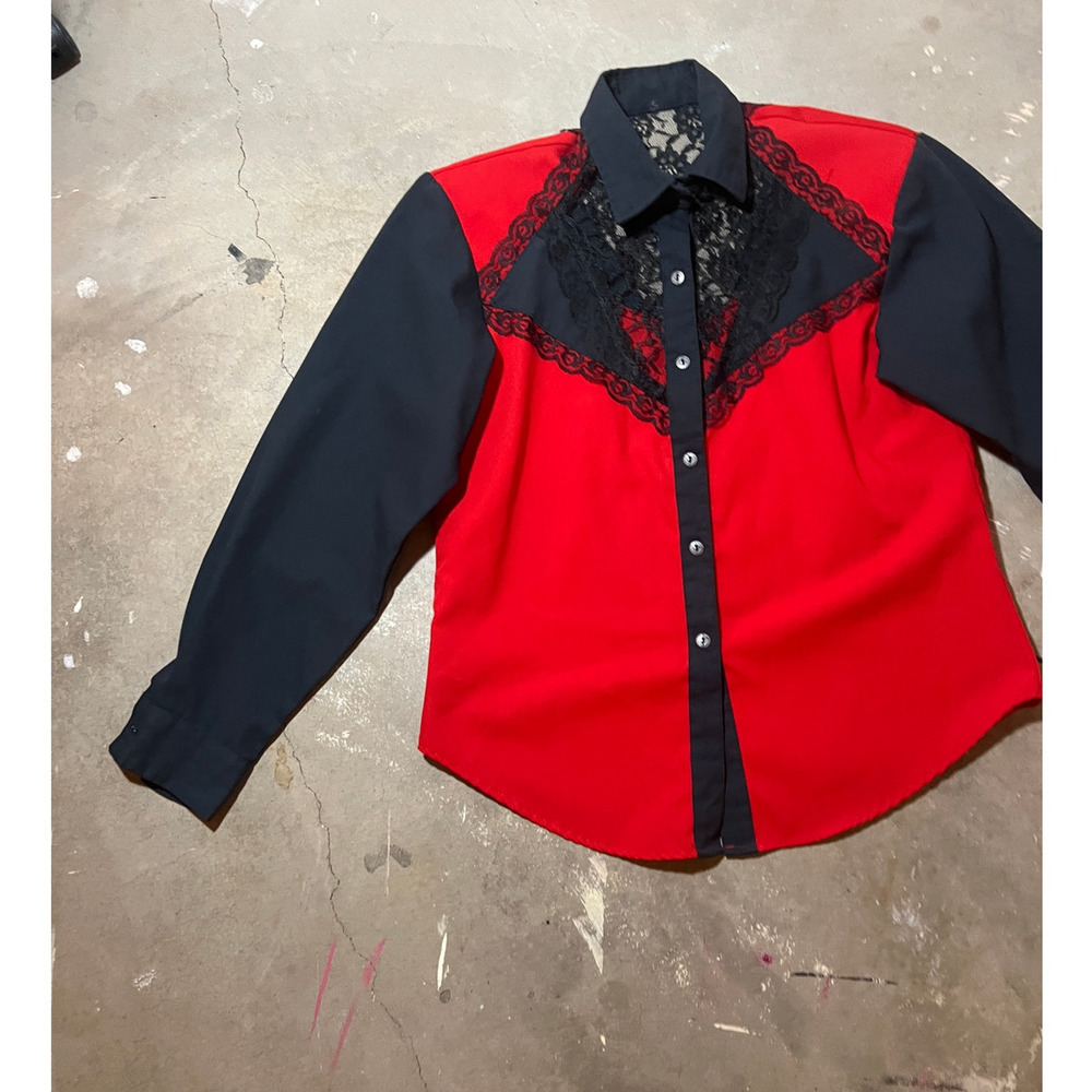 Vintage Red Black Top Lace Western Blouse 70s 80s 80s
